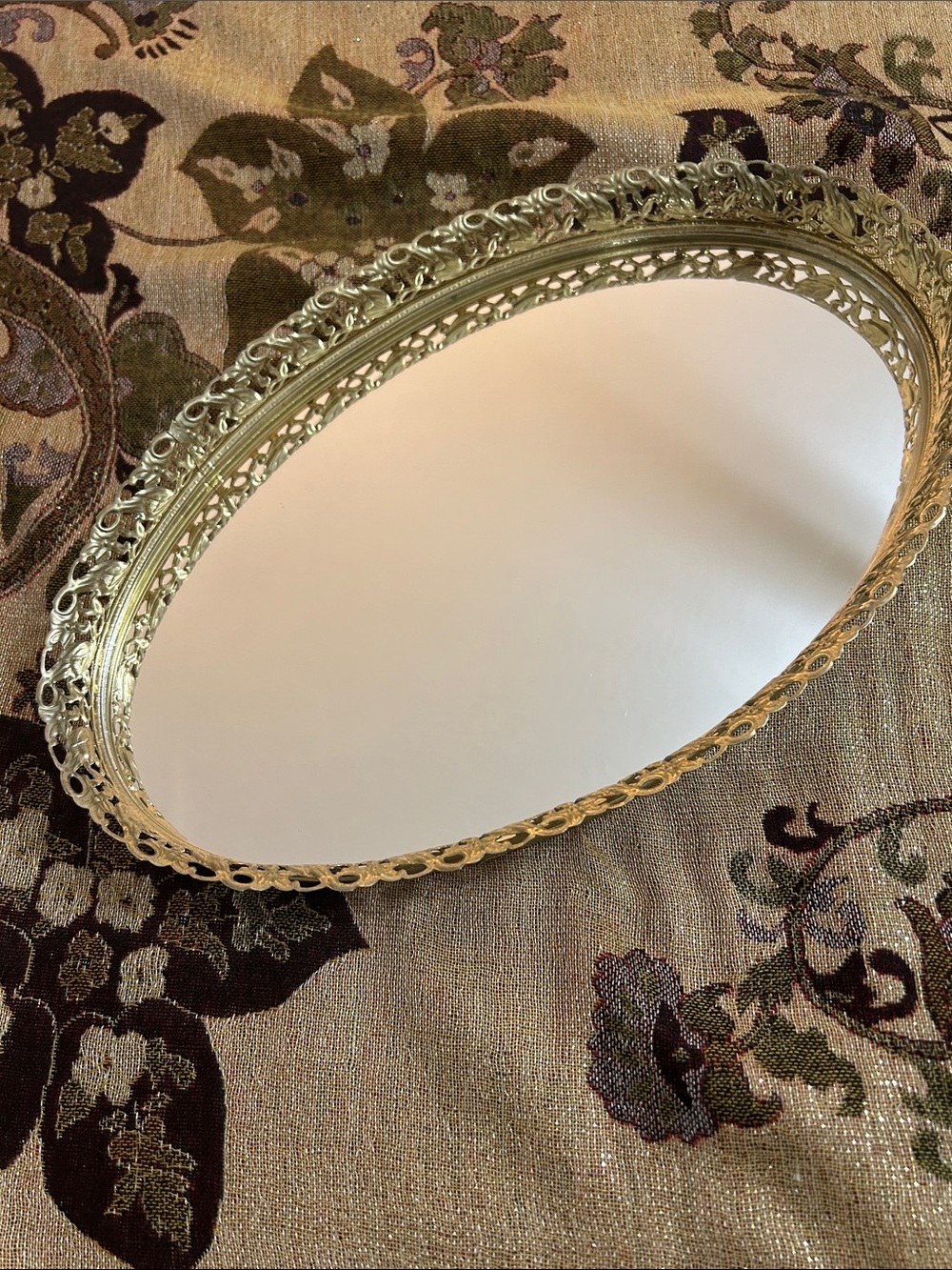 VTG Ornate Oval Gold Tone Vanity Tray Mirror